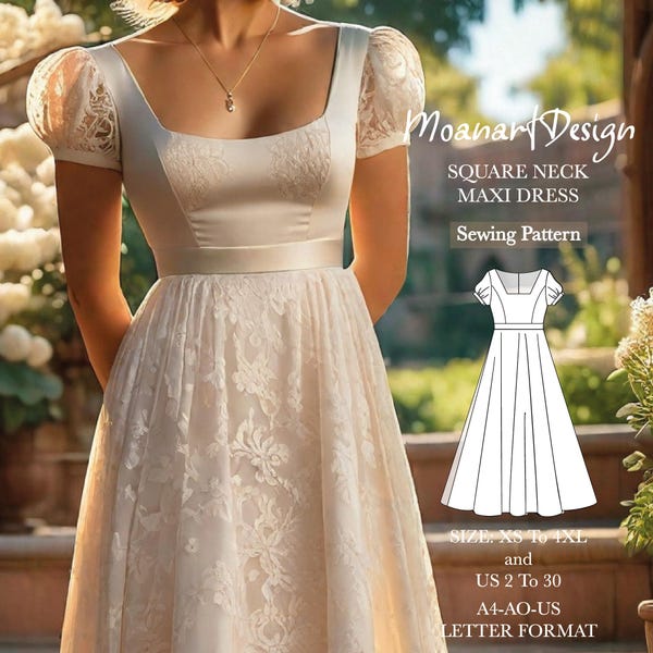 Regency-Inspired Square Neck Maxi Dress Sewing Pattern, Puff Sleeve Fairy Gown, US 02–30