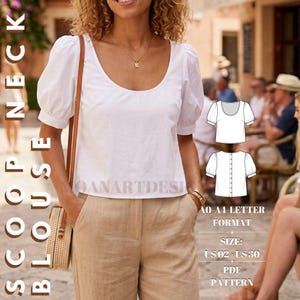 Bishop Sleeve Linen Top PDF Sewing Pattern | Scoop Neck Blouse | Buttons Back Closure Top | Vintage Shirt | Minimalist Top Size: XS-4XL