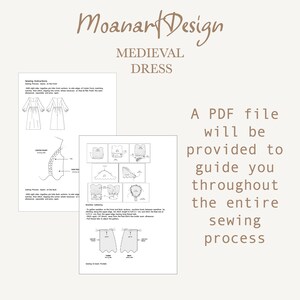 May include: A sewing pattern for a medieval dress. The pattern includes instructions for sewing the bodice, sleeves, and skirt. The text "Moanart Design" and "Medieval Dress" is at the top of the page. The text "A PDF file will be provided to guide you throughout the entire sewing process" is at the bottom of the page.