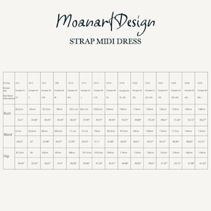 May include: Size chart for a strap midi dress with measurements in inches and centimeters. The chart shows bust, waist, and hip measurements for sizes XS to 4XL.