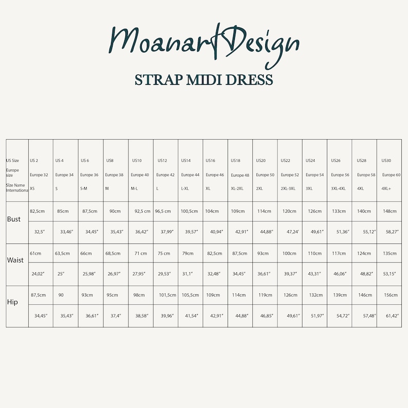 May include: Size chart for a strap midi dress with measurements in inches and centimeters. The chart shows bust, waist, and hip measurements for sizes XS to 4XL.