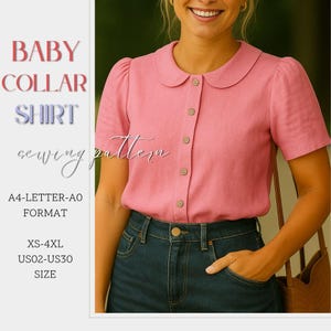 Patrón de costura para camisa con cuello bebé, patrón de blusa de lino rosa, camisa de manga corta abotonada (PDF), tallas: XS-4XL / Formato A4-A0-CARTA