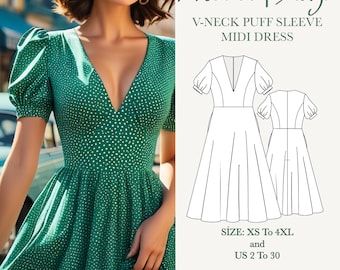 V-Neck Midi Dress Pattern, Cottagecore Dress, Evening Gown Pattern, Puff sleeve Dress,PDF Pattern/A0 A4 US Letter Format- Size: US 2 to 30