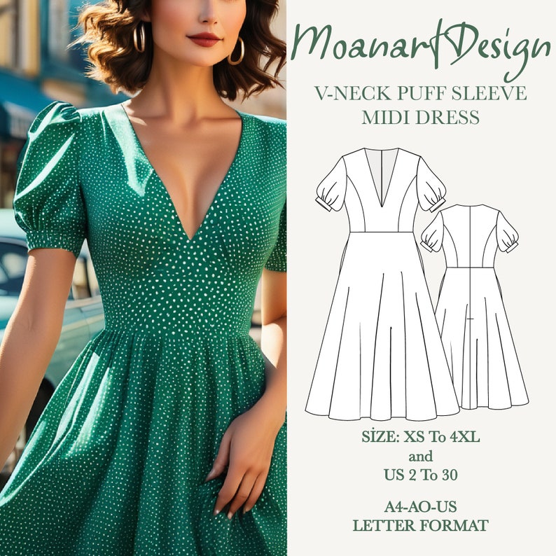 K&ouml;nnte beinhalten: Ein gr&uuml;nes Midikleid mit wei&szlig;en Punkten und einem V-Ausschnitt. Das Kleid hat Puff&auml;rmel und ein tailliertes Oberteil. Das Kleid wird auf einem Model mit wei&szlig;em Hintergrund gezeigt. Der Text "Moanart Design" befindet sich oben im Bild. Der Text "V-Neck Puff Sleeve Midi Dress" befindet sich unter dem Designnamen. Der Text "SIZE: XS To 4XL and US 2 To 30 A4-AO-US LETTER FORMAT" befindet sich unten im Bild.