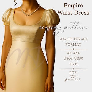 Patrón de costura para vestido largo de corte imperio, estilo romántico Regencia (PDF), tallas US 02–30