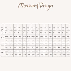 May include: Size chart for clothing with measurements in inches and centimetres. The chart shows US and European sizes for bust, waist, and hip measurements.
