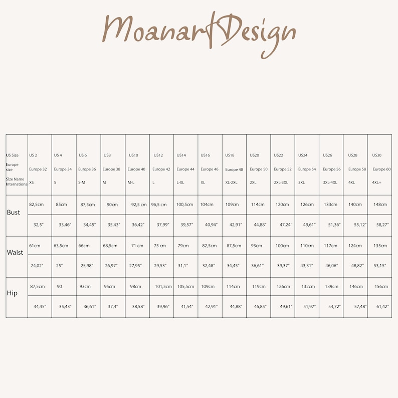 May include: Size chart for clothing with measurements in inches and centimetres. The chart shows US and European sizes for bust, waist, and hip measurements.