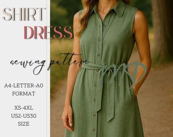 May include: A sleeveless, olive green shirt dress with a collared neckline and button-down front. The dress features a matching belt and pockets. Text on the left side reads "SHIRT DRESS sewing pattern" and size information.