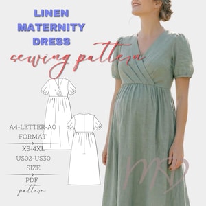 Peut inclure: Une robe de maternité en lin vert sauge avec des manches courtes bouffantes et un col en V. L'image contient le texte : LINEN MATERNITY DRESS sewing pattern, A4-LETTER-A0 FORMAT, XS-4XL, US02-US30 SIZE, PDF pattern, et un croquis en noir et blanc.