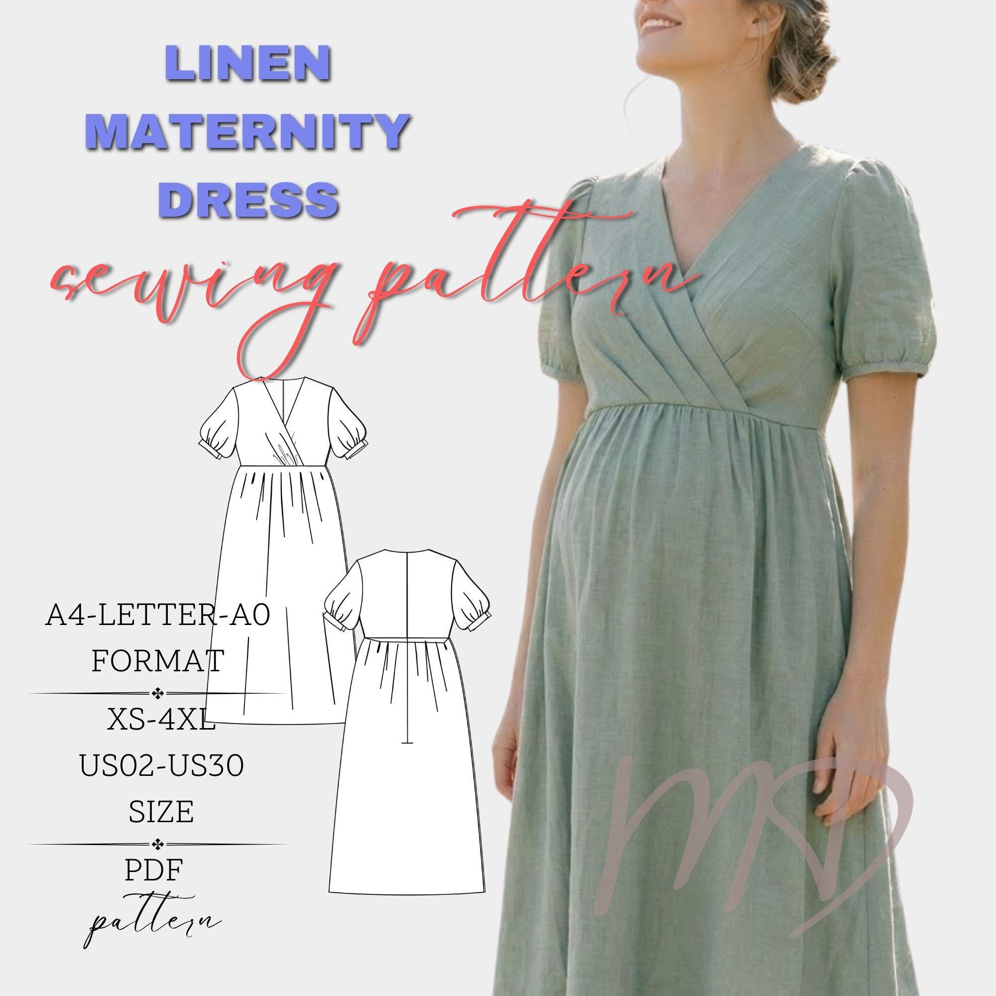 Linen Maternity Midi Dress Pattern, High Waist Gathered Dress, Wrap Neck Woman Dress PDF Pattern, A4-letter-a0 Format, Size: XS-4XL