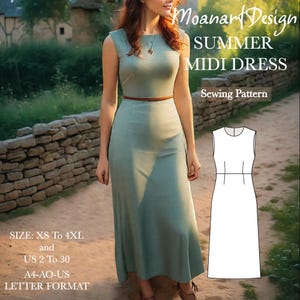 Patrón PDF de vestido de lino midi de cuello redondo de talla grande, patrón de costura de vestido de verano sin espalda cottagecore, formato carta estadounidense A0 A4, tamaño: EE. UU. 2 a 30