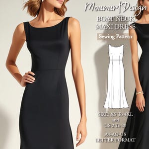 Peut inclure: Patron de couture pour une robe maxi noire à col bateau. Le patron comprend les tailles XS à 4XL et les tailles françaises 34 à 52. Le patron est au format A4-AO-FR.