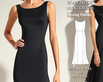Boat Neck Maxi Dress Sewing Pattern, Wedding Guest Dress Pattern, Prom Dress PDF Sewing Pattern, Size:A0 A4 US Letter-US 2 to 30
