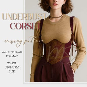 Patrón de costura de corsé bajo el busto, patrón de corsé de cuero con cinturón, corsé pirata de talla grande, patrón de cosplay, tallas: XXS-4XL / Formato A0-CARTA-A4