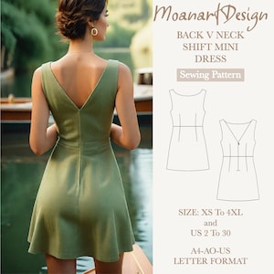 Patrón de minivestido recto con cuello barco, patrón PDF de minivestido de lino con escote en V en la espalda, patrón de minivestido de lino, tamaño: A0 A4 Carta de EE. UU. - EE. UU. 2 a 30