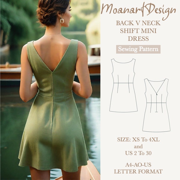 Boat neck shift minidress pattern, back v-neck linen mini dress PDF pattern,Size:A0 A4 US Letter-US 2 to 30