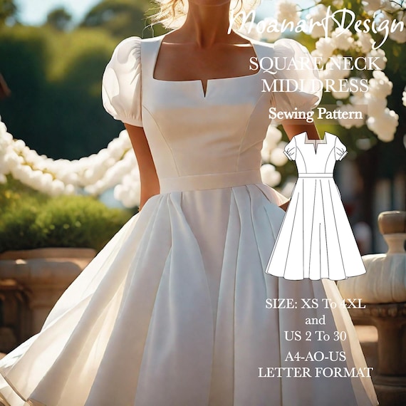 Milkmaid White Midi Dress Sewing Pattern, Square Neck Short Milkmaid White Midi Dress Sewing Pattern, Square Neck Short