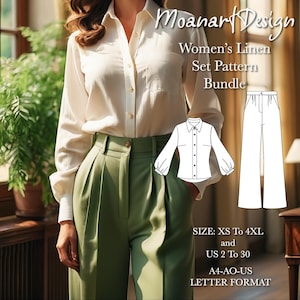 Conjunto de moldes de costura para camisa e calça palazzo, molde de camisa feminina de manga bufante, molde de calça de cintura alta, formato A0 A4 US Letter, tamanho: US 2 a 30