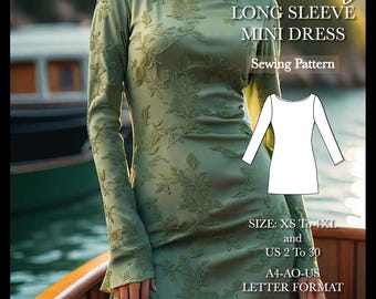 May include: A sewing pattern for a long-sleeved mini dress. The pattern is for sizes XS to 4XL and US sizes 2 to 30. The pattern is in A4-AO-US letter format.