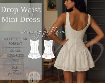 Drop Taille Minikleid Nähen Muster, rückenfreies weißes Kleid Muster, Halskette Brautjungfer Minikleid Muster, Cocktailkleid PDF Pattern