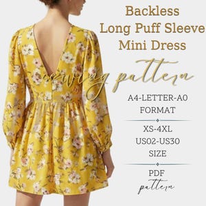 Op de afbeelding: Een gele mini-jurk met bloemenpatroon, lange pofmouwen en een rugvrij ontwerp. De jurk heeft een V-hals. Tekst op de afbeelding luidt "Backless Long Puff Sleeve Mini Dress Sewing Pattern". Maten XS-4XL, US02-US30.