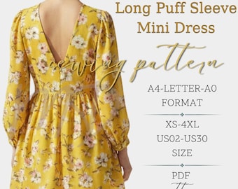 Backless long sleeve mini dress sewing pattern, puff sleeve woman dress sewing pattern, wedding guest vintage style dress sewing PDF pattern