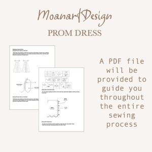 Puede incluir: Una ilustraci&oacute;n en blanco y negro de instrucciones de costura para un vestido de graduaci&oacute;n. Las instrucciones incluyen diagramas del vestido y c&oacute;mo coser las diferentes secciones juntas. El texto dice "Instrucciones de costura" y "Moanart Design VESTIDO DE GRADUACI&Oacute;N".