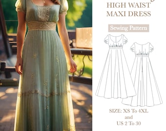 Fantasy Renaissance Style Dress Sewing Pattern, Regency Inspired Gown PDF, A0/A4/US Letter, Sizes US 02–30
