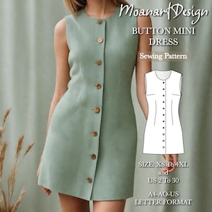 Könnte beinhalten: Ein Schnittmuster für ein kurzes Knopfkleid. Das Schnittmuster umfasst die Größen XS bis 4XL und die deutschen Größen 32 bis 50. Das Schnittmuster ist im A4-AO-DE-Format.