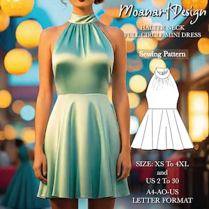 Patrón de vestido con cuello halter, vestido cottagecore para dama de honor, patrón de minivestido de boda de lino para graduación, formato carta de EE. UU. A0 A4 - Tamaño: EE. UU. 2 a 30