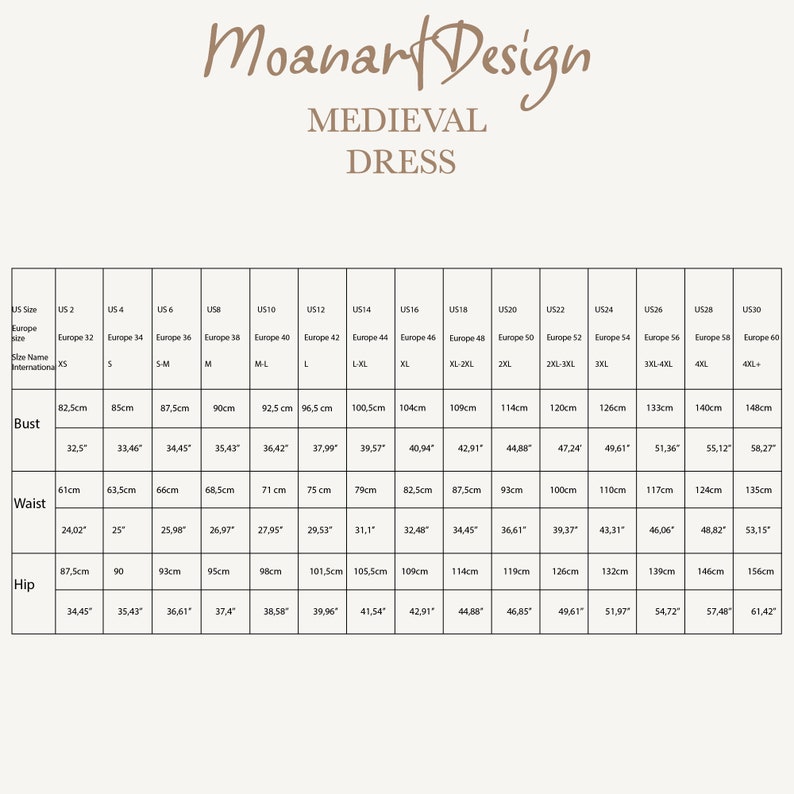 May include: A size chart for a medieval dress, showing measurements in inches and centimeters for bust, waist, and hip. The chart includes US sizes 2 through 30, corresponding to European sizes 34 through 60.