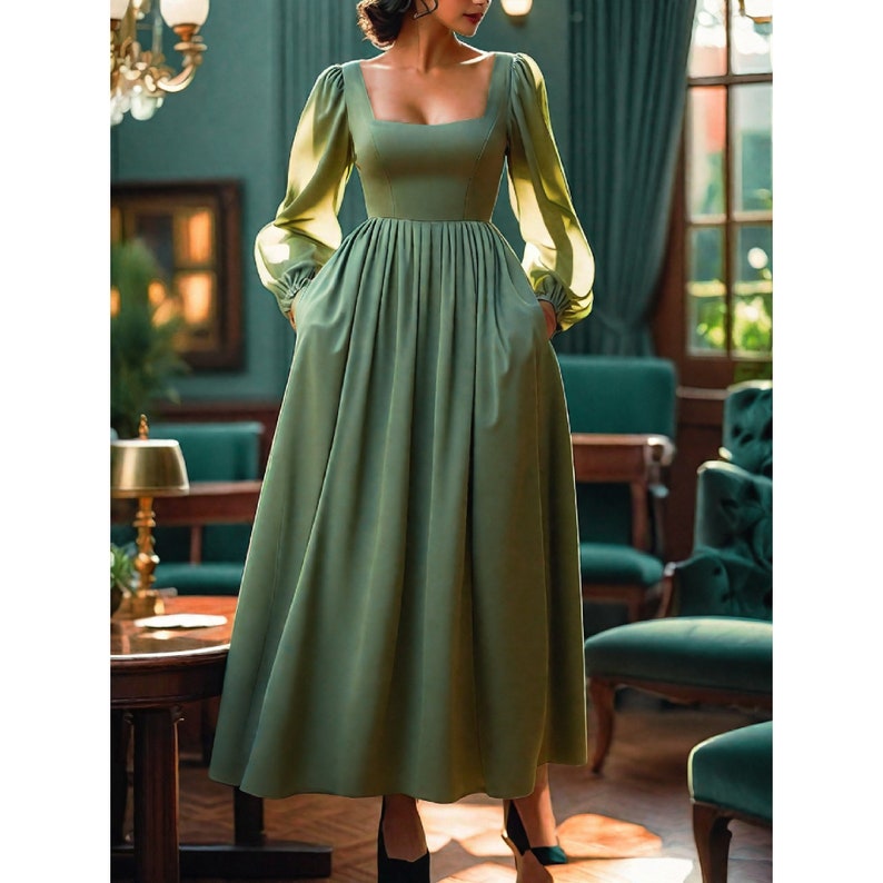 May include: A long-sleeved, green maxi dress with a square neckline and a gathered waist. The dress has a fitted bodice and a flowing skirt.