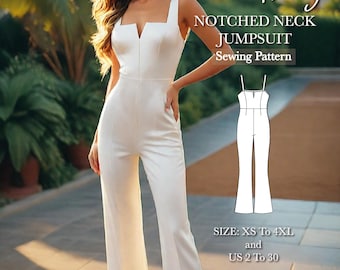 May include: A white notched neck jumpsuit sewing pattern by Moanar Design. The pattern includes sizes XS to 4XL and US sizes 2 to 30. The pattern is in A4-AO-US letter format. The jumpsuit has a square neckline and wide legs.