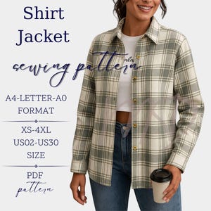 May include: A green and cream plaid shirt jacket. The image includes text that reads "Shirt Jacket sewing pattern" and size information: XS-4XL, US02-US30. The pattern is available in A4-LETTER-AO format.