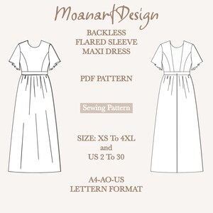 May include: A digital sewing pattern for a sleeveless maxi dress with a flared sleeve. The pattern is available in sizes XS to 4XL and UK sizes 2 to 30. The pattern is in A4-AO-US letter format.