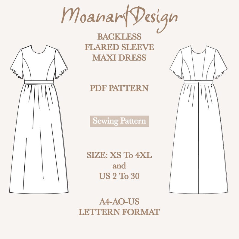 May include: A digital sewing pattern for a sleeveless maxi dress with a flared sleeve. The pattern is available in sizes XS to 4XL and UK sizes 2 to 30. The pattern is in A4-AO-US letter format.