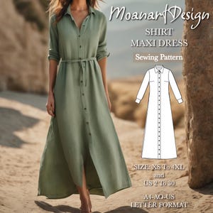 Padrão de vestido longo de camisa, padrão de costura de vestido longo de manga comprida, padrão de vestido casual, vestido longo vintage, tamanho: A0 A4 Carta dos EUA - EUA 2 a 30