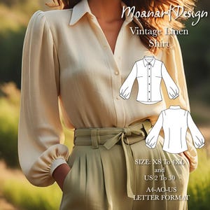 Padrão de costura em PDF para camisa feminina de manga comprida vintage, padrão de camisa de linho clássica minimalista com botões, formato A0 A4 US Letter, tamanho: EUA 2 a 30