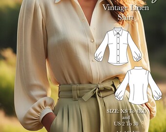 Vintage long sleeve woman shirt PDF sewing pattern, minimalist classic linen button up shirt pattern,A0 A4 US Letter Format, Size:US 2 to 30