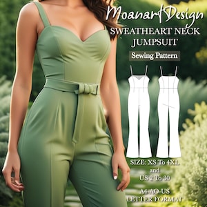 May include: A sewing pattern for a green sweetheart neckline jumpsuit. The pattern includes instructions for sizes XS to 4XL and US sizes 2 to 30. The pattern is in A4-AO-US letter format.