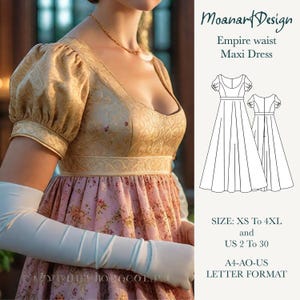 Patrón de costura para vestido largo de corte imperio, vestido romántico con escote redondo, patrón PDF con mangas abullonadas, tallas US 2–30