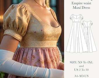 Empire Waist Maxi Dress Sewing Pattern, Scoop Neck Romantic Gown, Puff Sleeve PDF Pattern, Sizes US 2–30