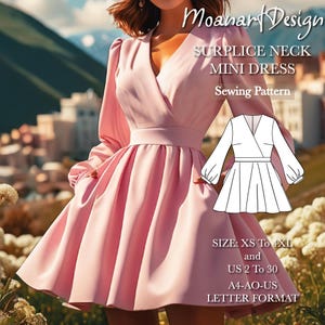 Op de afbeelding: Een naaipatroon voor een mini-jurk met een surplice-hals. Het patroon omvat maten XS tot 4XL en Nederlandse maten 34 tot 52. Het patroon is in A4-AO-NL-formaat.