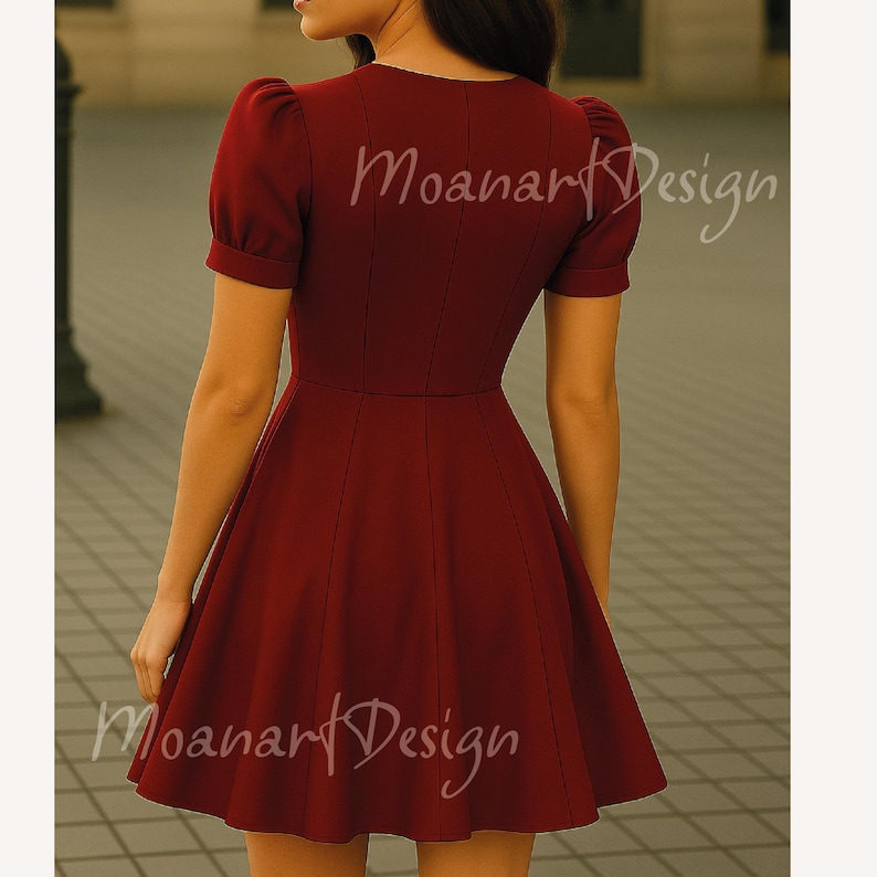 May include: A burgundy short-sleeved dress with a fitted bodice and a flared skirt. The dress has a V-neckline and a button closure at the front. The dress is made of a smooth, lightweight fabric.