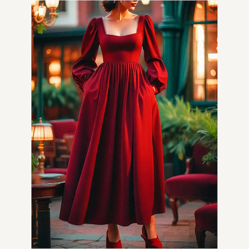 May include: A long-sleeved, burgundy maxi dress with a square neckline and puffed sleeves. The dress has a fitted bodice and a flowing skirt.