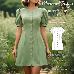 Op de afbeelding: Een naaipatroon voor een knoopjurk met pofmouwen. Het patroon is verkrijgbaar in maten XS tot 4XL en Nederlandse maten 34 tot 52. Het patroon is gedrukt op A4, AO en US letter formaat papier.