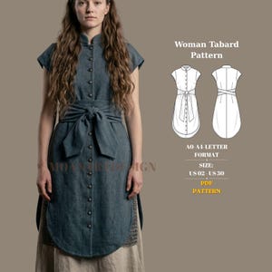 May include: A blue-grey tabard with a mandarin collar, short sleeves, and a front button closure. A wide fabric sash ties at the waist. Text includes Woman Tabard Pattern, A0-A4-LETTER FORMAT, SIZE: US 02 - US 30, and PDF PATTERN.