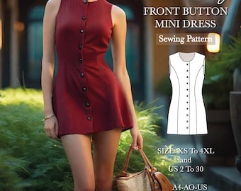 Patrón de vestido con botones, patrón de minivestido casual de cuello redondo, vestido de lino sin mangas, patrón de costura de vestido cottagecore, talla: EE. UU. 2 a 30