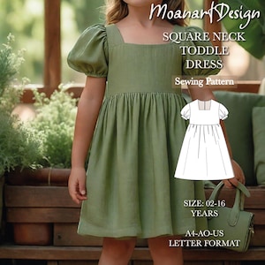 Patrón de vestido de cuello cuadrado para bebé, patrón de vestido de manga corta, patrón de vestido de lino fruncido para bebé, vestido cottagecore, A4-A0-LETTER, 2-16 años