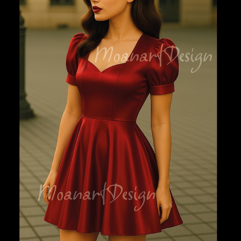 May include: A short, red satin dress with a sweetheart neckline and puff sleeves. The dress has a fitted bodice and a flared skirt.